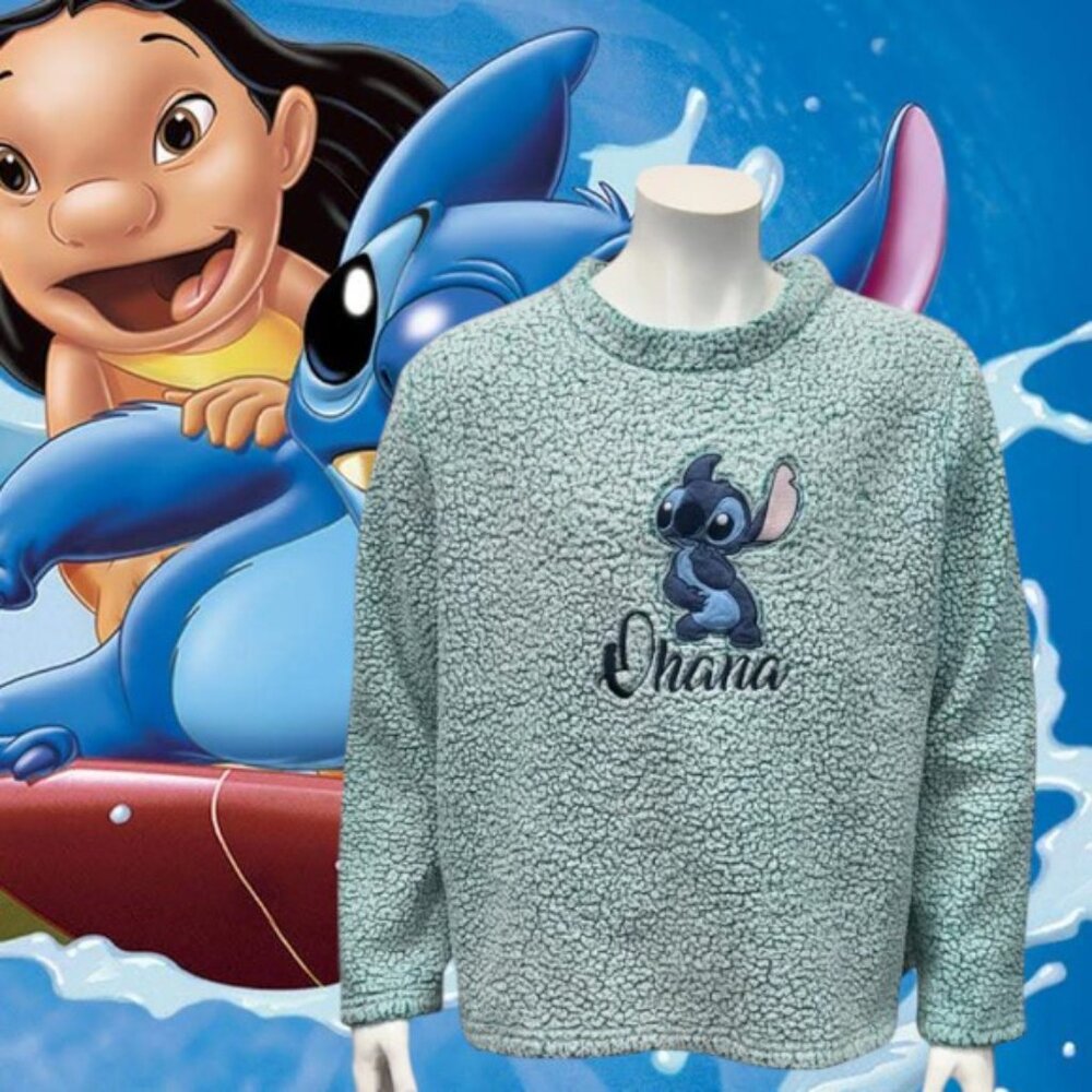 Disney Lilo & Stitch Ohana Family Green Blue Pullover Faux Fur Loungewear Shirt